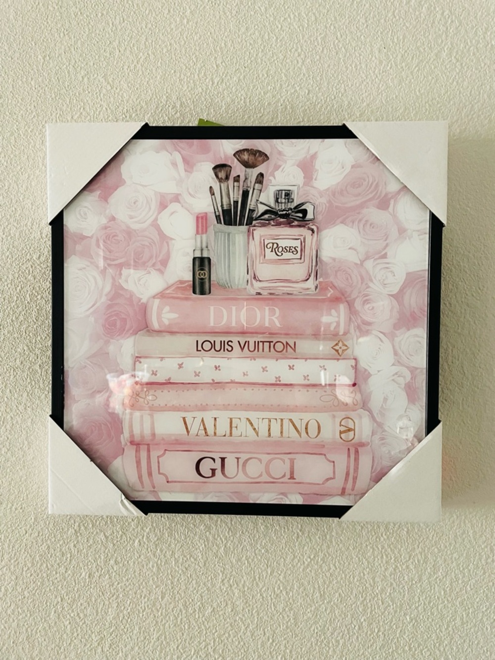 Stupell Industries Pink Luxury Perfume Bottle Book-stack Framed Wall Art Canvas